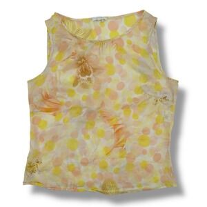 Escada 100% Silk Floral Polka Dot Blouse S Sleeveless Yellow Fairycore Romantic